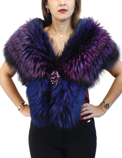 PURPLE & BLUE DYED SILVER FOX FUR COLLAR/SHAWL WITH BROOCH - from THE REAL FUR DEAL & DAVID APPEL FURS new and pre-owned online fur store!