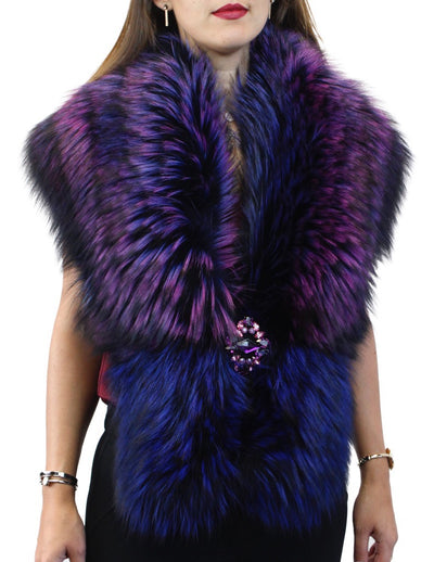 PURPLE & BLUE DYED SILVER FOX FUR COLLAR/SHAWL WITH BROOCH - from THE REAL FUR DEAL & DAVID APPEL FURS new and pre-owned online fur store!
