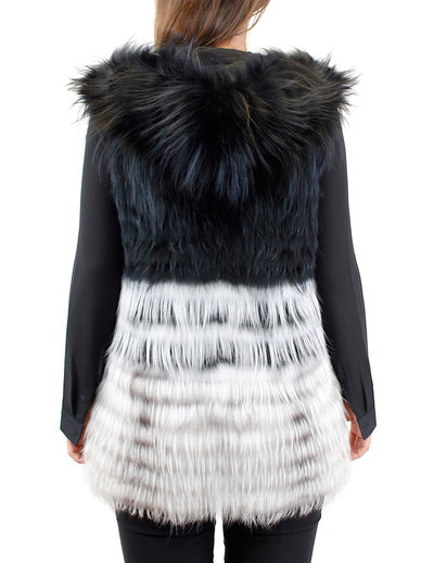 Hooded Black and White Layered Raccoon Fur Vest