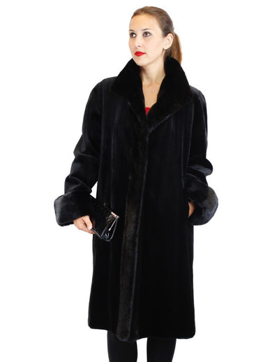 REVERSIBLE FULLY LET OUT BLACK SHEARED & UNSHEARED BLACKGLAMA MINK FUR 7/8 COAT