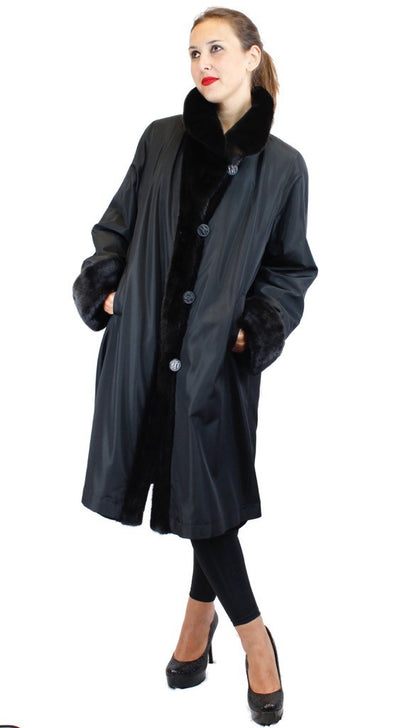 REVERSIBLE FULLY LET OUT BLACK SHEARED & UNSHEARED BLACKGLAMA MINK FUR 7/8 COAT