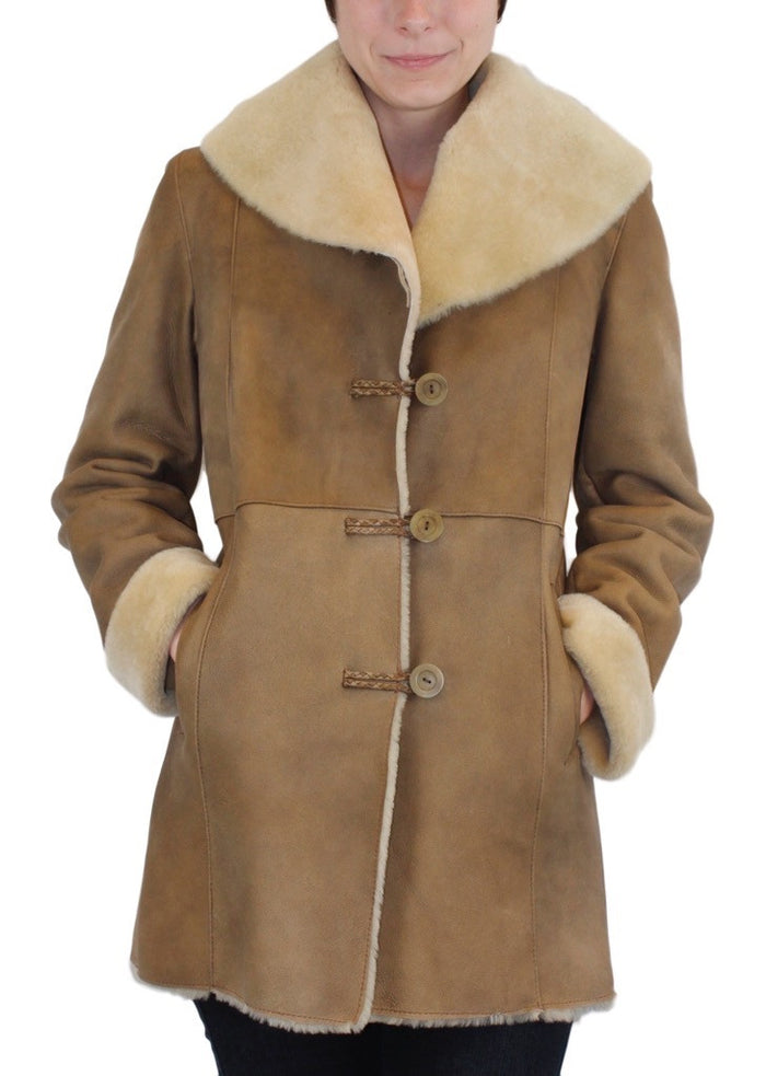 Men Designer Fur Shearling Sheepskin Coat ( Brown )