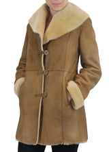 Beige Fitted Raw Edge Shearling Jacket by by Blue Duck. Made in U.S.A. Size Small.