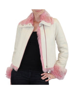 SMALL/MEDIUM PINK & WHITE SHEARLING FUR SHEEPSKIN LEATHER MOTORCYCLE JACKET - from THE REAL FUR DEAL & DAVID APPEL FURS new and pre-owned online fur store!