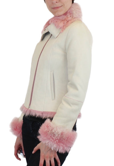 SMALL/MEDIUM PINK & WHITE SHEARLING FUR SHEEPSKIN LEATHER MOTORCYCLE JACKET - from THE REAL FUR DEAL & DAVID APPEL FURS new and pre-owned online fur store!