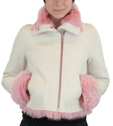 SMALL/MEDIUM PINK & WHITE SHEARLING FUR SHEEPSKIN LEATHER MOTORCYCLE JACKET - from THE REAL FUR DEAL & DAVID APPEL FURS new and pre-owned online fur store!
