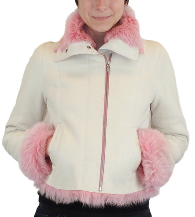 SMALL/MEDIUM PINK & WHITE SHEARLING FUR SHEEPSKIN LEATHER MOTORCYCLE JACKET - from THE REAL FUR DEAL & DAVID APPEL FURS new and pre-owned online fur store!