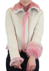 SMALL/MEDIUM PINK & WHITE SHEARLING FUR SHEEPSKIN LEATHER MOTORCYCLE JACKET - from THE REAL FUR DEAL & DAVID APPEL FURS new and pre-owned online fur store!