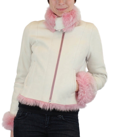 SMALL/MEDIUM PINK & WHITE SHEARLING FUR SHEEPSKIN LEATHER MOTORCYCLE JACKET - from THE REAL FUR DEAL & DAVID APPEL FURS new and pre-owned online fur store!