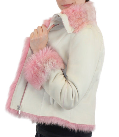 SMALL/MEDIUM PINK & WHITE SHEARLING FUR SHEEPSKIN LEATHER MOTORCYCLE JACKET - from THE REAL FUR DEAL & DAVID APPEL FURS new and pre-owned online fur store!