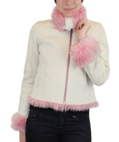 SMALL/MEDIUM PINK & WHITE SHEARLING FUR SHEEPSKIN LEATHER MOTORCYCLE JACKET - from THE REAL FUR DEAL & DAVID APPEL FURS new and pre-owned online fur store!