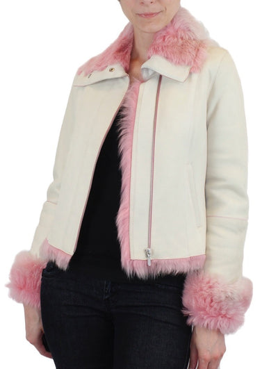 SMALL/MEDIUM PINK & WHITE SHEARLING FUR SHEEPSKIN LEATHER MOTORCYCLE JACKET - from THE REAL FUR DEAL & DAVID APPEL FURS new and pre-owned online fur store!