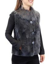 STEEL GRAY TEXTURED SHEARED MINK FUR VEST WITH MONGOLIAN LAMB COLLAR - from THE REAL FUR DEAL & DAVID APPEL FURS new and pre-owned online fur store!