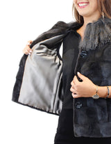 STEEL GRAY TEXTURED SHEARED MINK FUR VEST WITH MONGOLIAN LAMB COLLAR - from THE REAL FUR DEAL & DAVID APPEL FURS new and pre-owned online fur store!