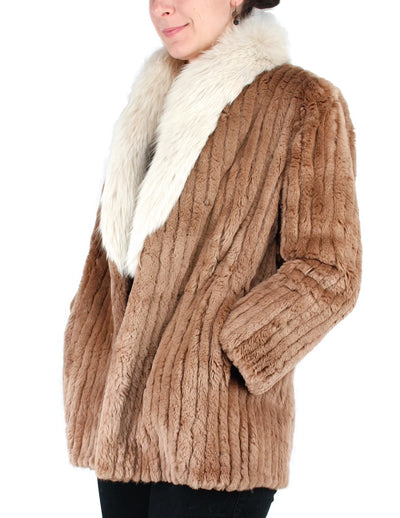PRE-OWNED SMALL/PETITE TAN SHEARED BEAVER FUR JACKET WITH FOX FUR COLLAR, CORDUROY CUT - from THE REAL FUR DEAL & DAVID APPEL FURS new and pre-owned online fur store!