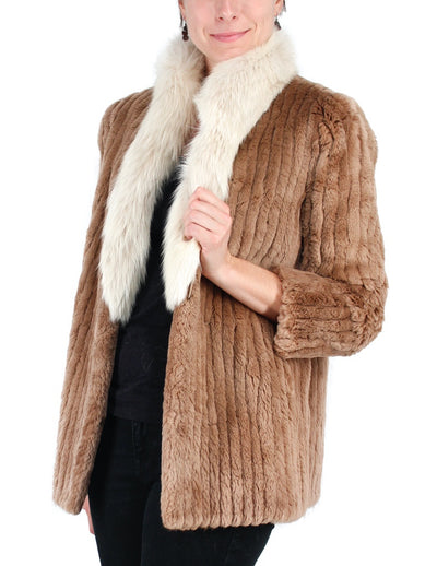 PRE-OWNED SMALL/PETITE TAN SHEARED BEAVER FUR JACKET WITH FOX FUR COLLAR, CORDUROY CUT - from THE REAL FUR DEAL & DAVID APPEL FURS new and pre-owned online fur store!