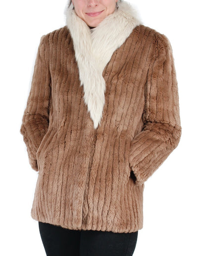 PRE-OWNED SMALL/PETITE TAN SHEARED BEAVER FUR JACKET WITH FOX FUR COLLAR, CORDUROY CUT - from THE REAL FUR DEAL & DAVID APPEL FURS new and pre-owned online fur store!