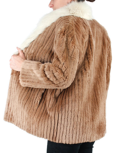 PRE-OWNED SMALL/PETITE TAN SHEARED BEAVER FUR JACKET WITH FOX FUR COLLAR, CORDUROY CUT - from THE REAL FUR DEAL & DAVID APPEL FURS new and pre-owned online fur store!