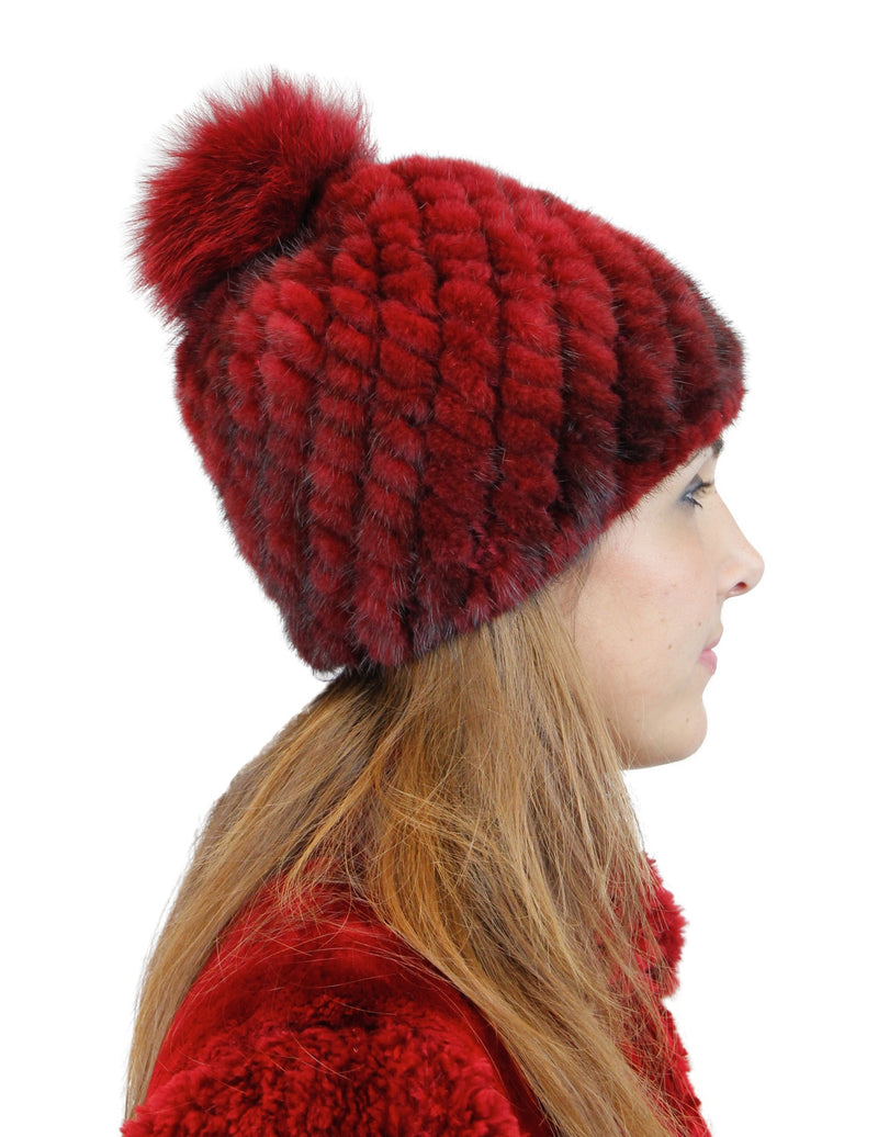 Strawberry Real Fox Fur Puff Beanie Cassie Knitted Hood with Fox Fur Trim in Rose: FurHatWorld.com main image 2