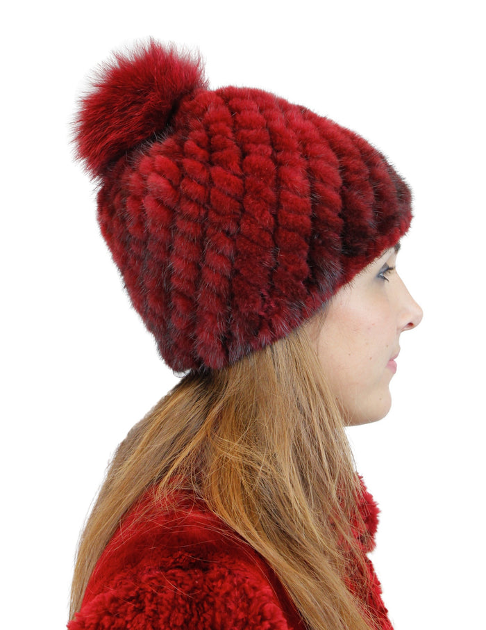 Knitted Mink Fur & Fox Fur Pom-Pom Beanie, Hat One Size / Wine Red